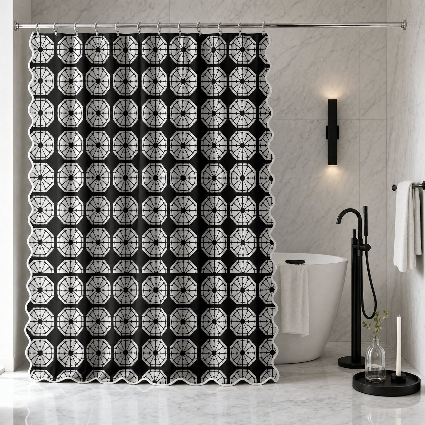 Japanese Shibori Black Scalloped Shower Curtain - styled bathroom