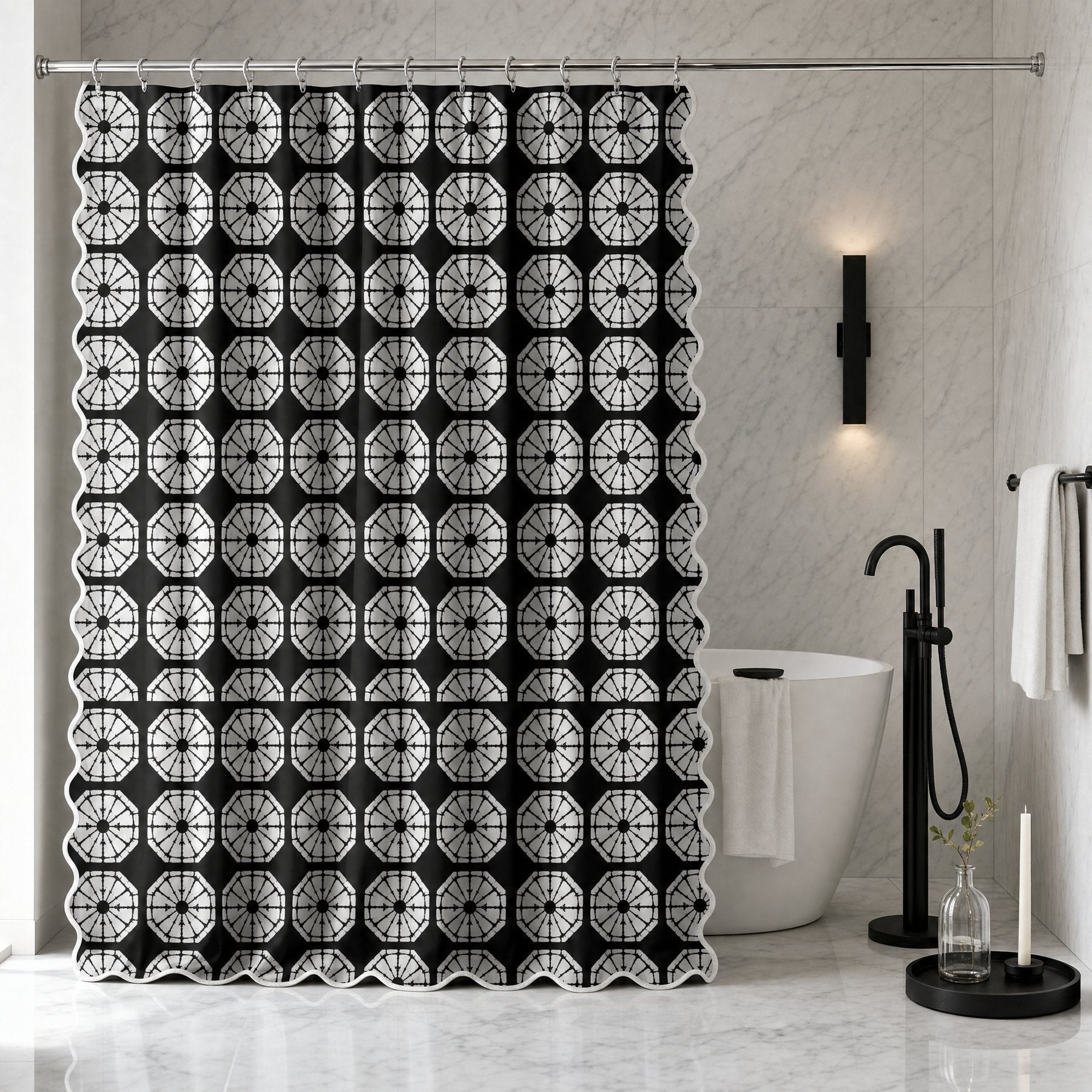 Japanese Shibori Black Scalloped Shower Curtain - styled bathroom