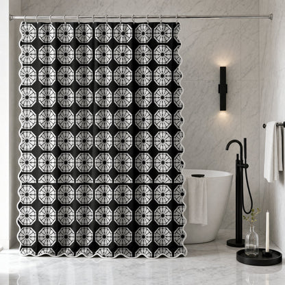 Japanese Shibori Black Scalloped Shower Curtain - styled bathroom