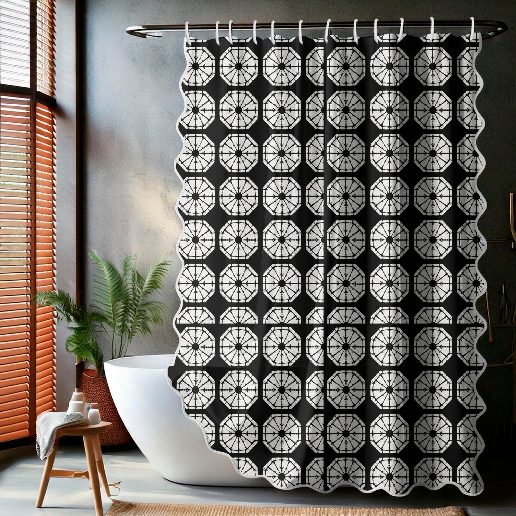 Japanese Shibori Black Scalloped Shower Curtain - lifestyle