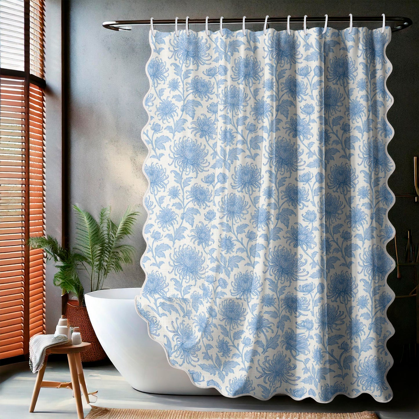Botanical Pastel Blue Scalloped Shower Curtain