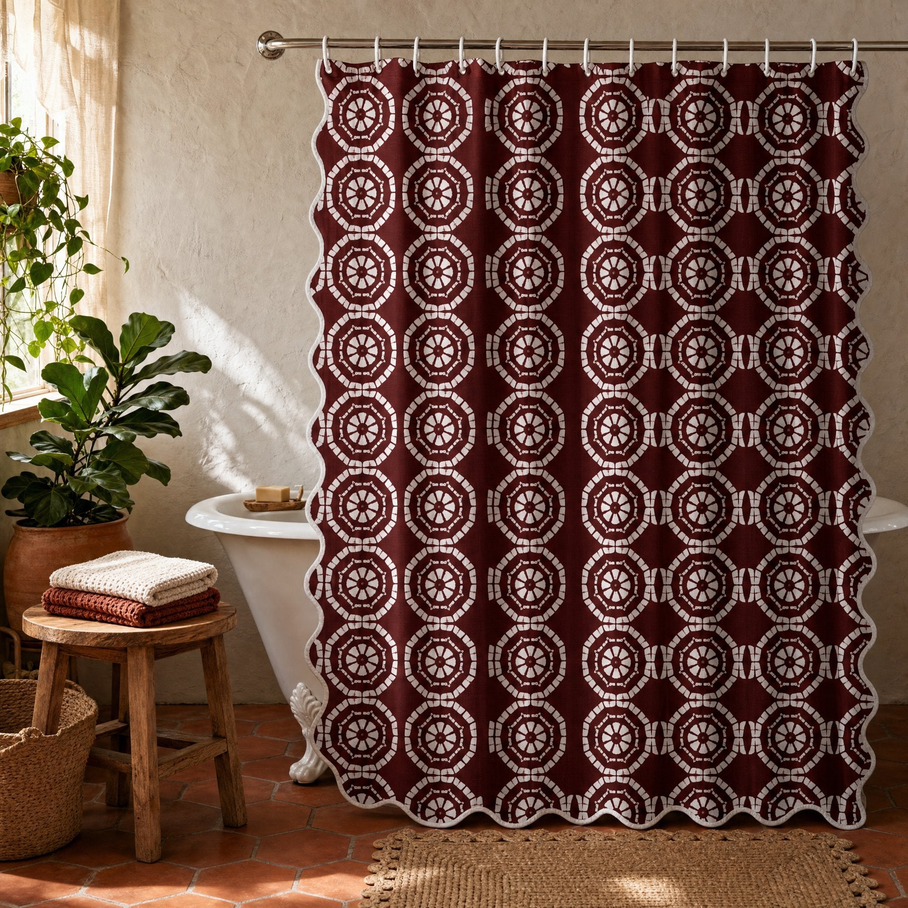 Japanese Shibori Burgundy Scalloped Shower Curtain - styled bathroom