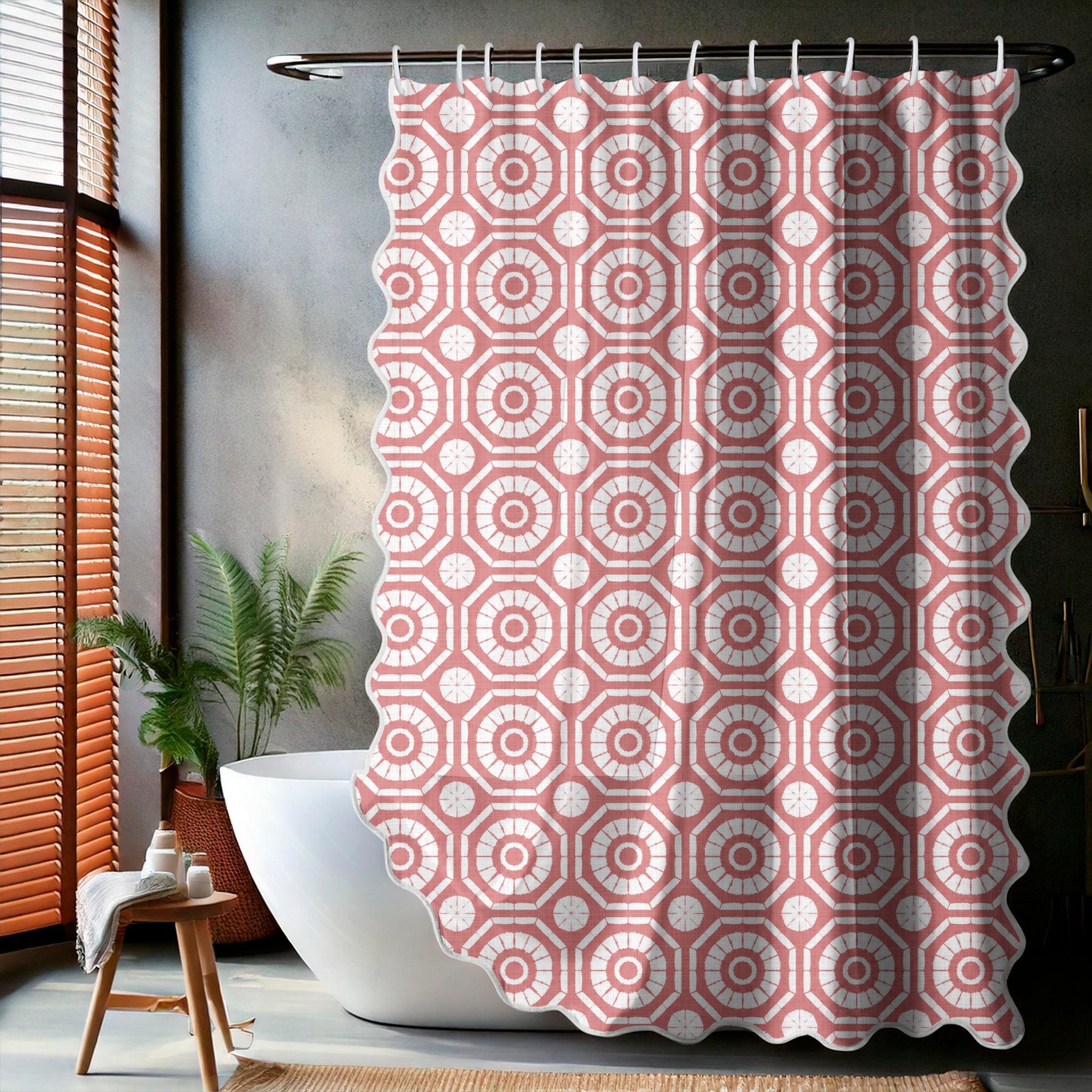 Japanese Shibori Dusty Rose Scalloped Shower Curtain - lifestyle