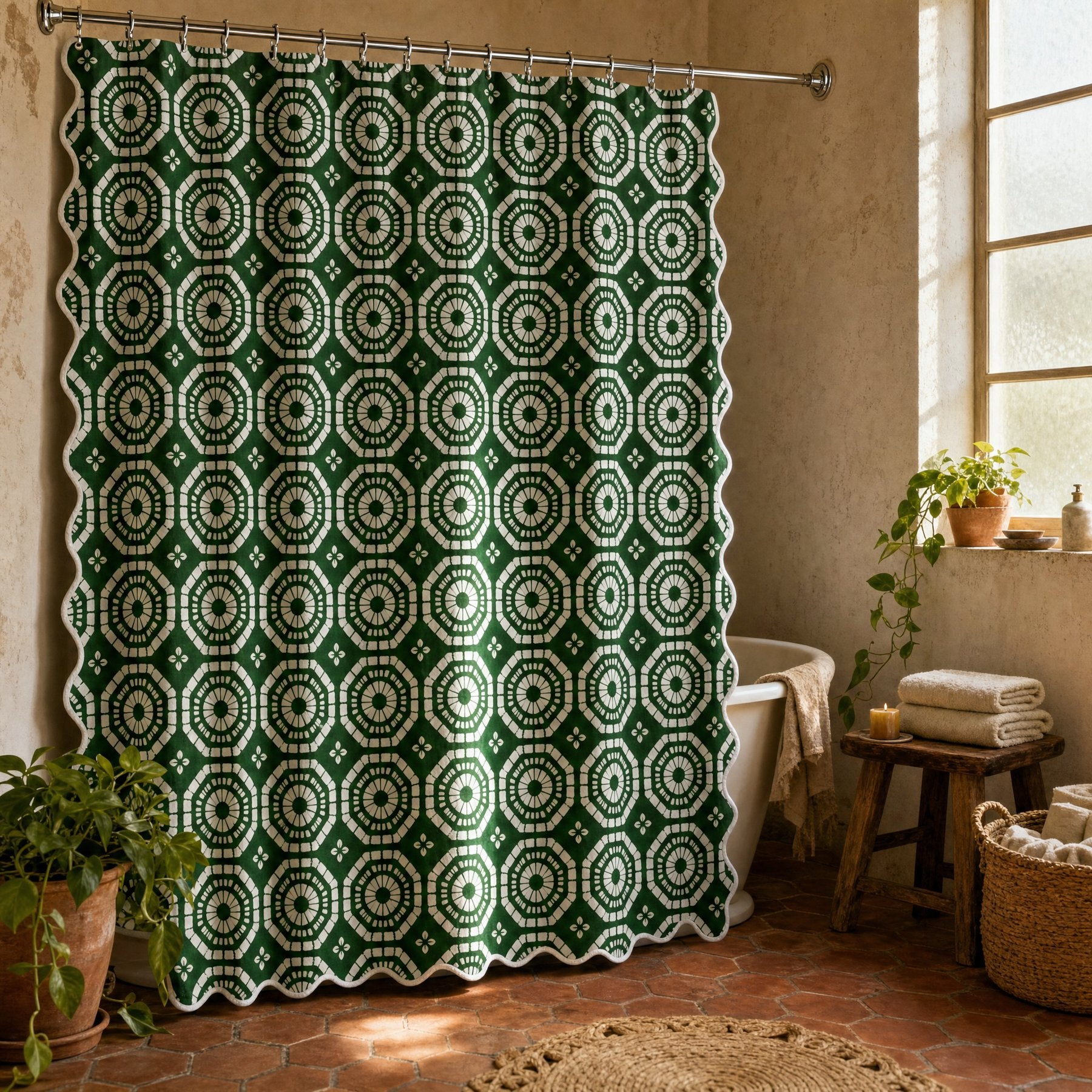 Japanese Shibori Forest Green Scalloped Shower Curtain - styled bathroom