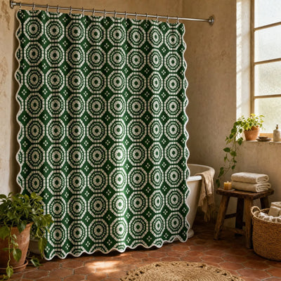 Japanese Shibori Forest Green Scalloped Shower Curtain