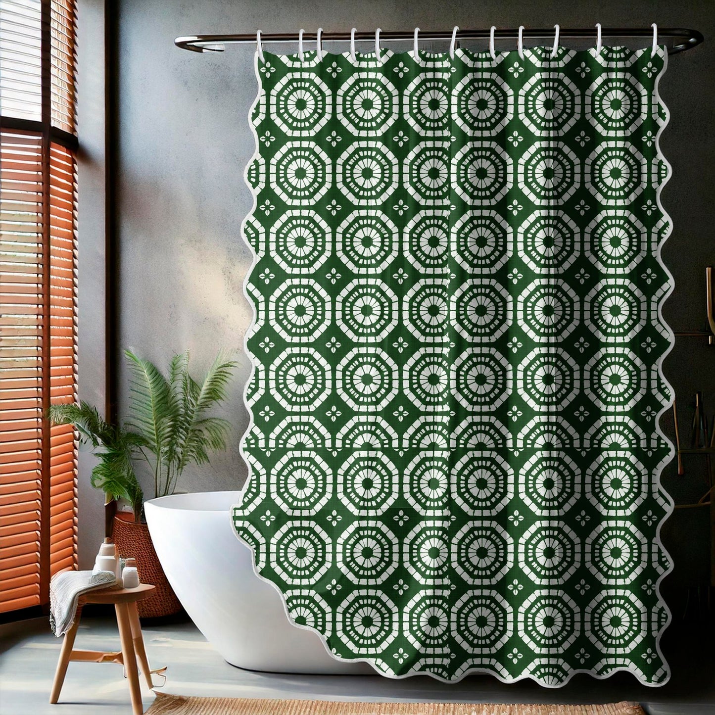 Japanese Shibori Forest Green Scalloped Shower Curtain - lifestyle
