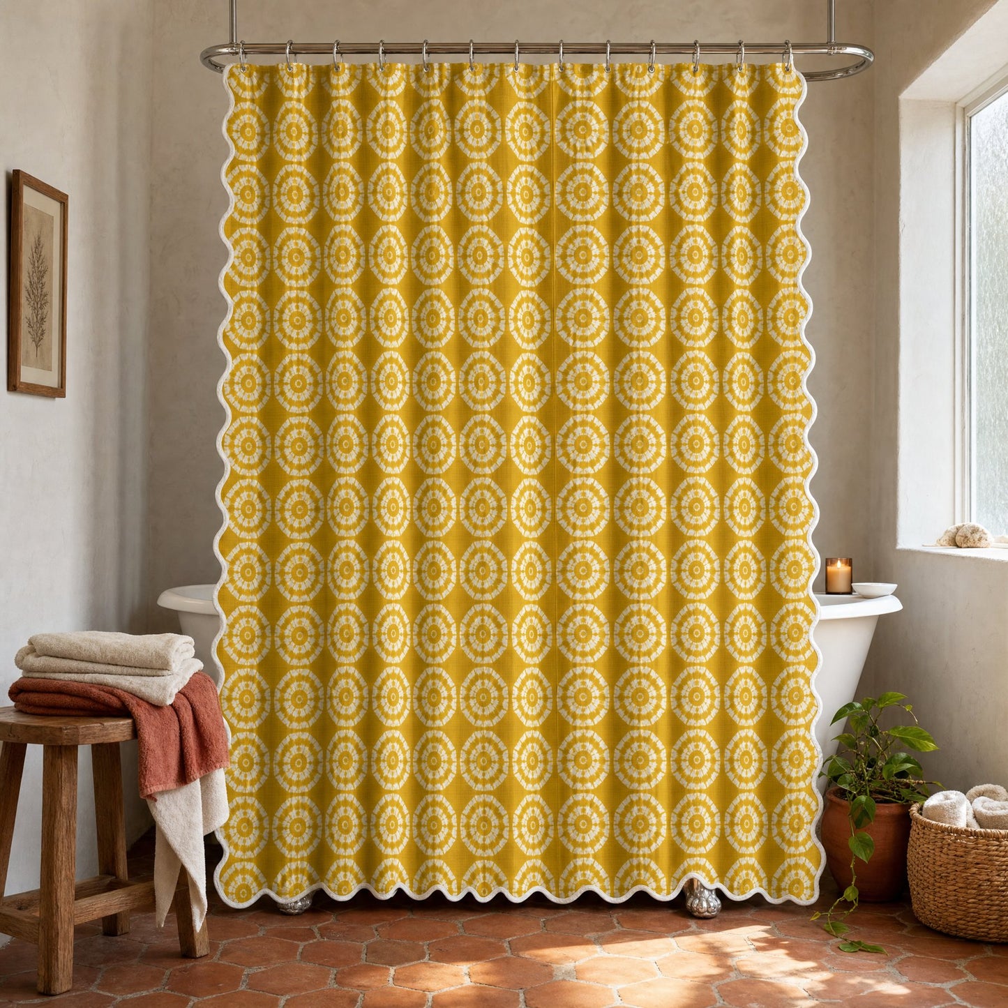 Japanese Shibori Mustard Yellow Scalloped Shower Curtain - styled bathroom