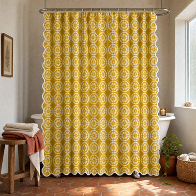 Japanese Shibori Mustard Yellow Scalloped Shower Curtain