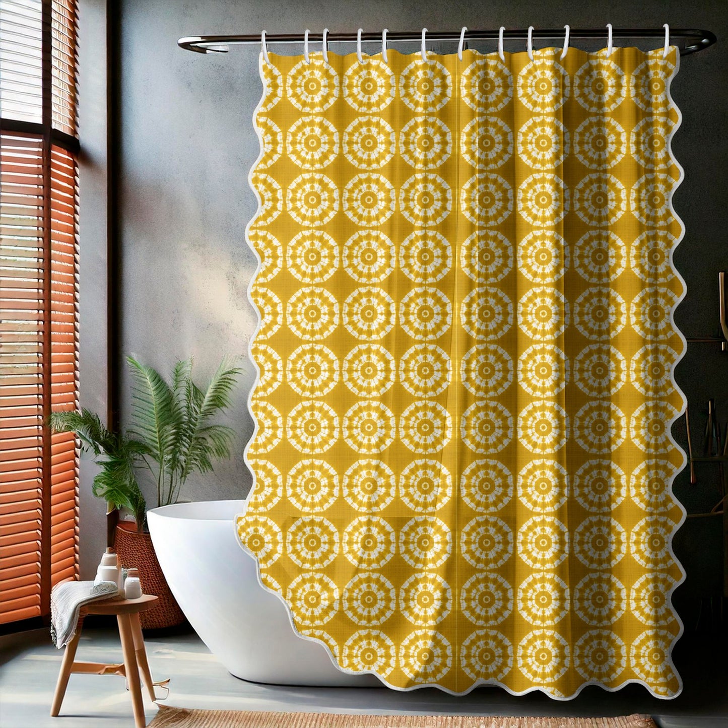 Japanese Shibori Mustard Yellow Scalloped Shower Curtain - lifestyle