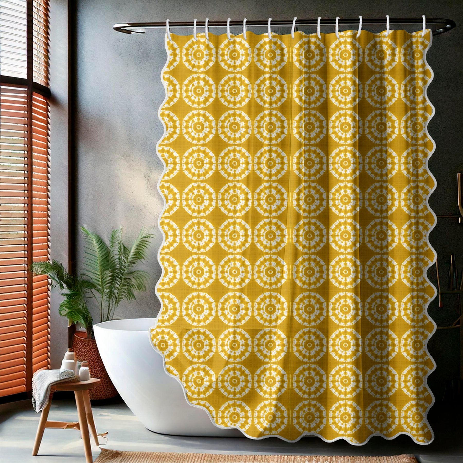 Japanese Shibori Mustard Yellow Scalloped Shower Curtain - lifestyle