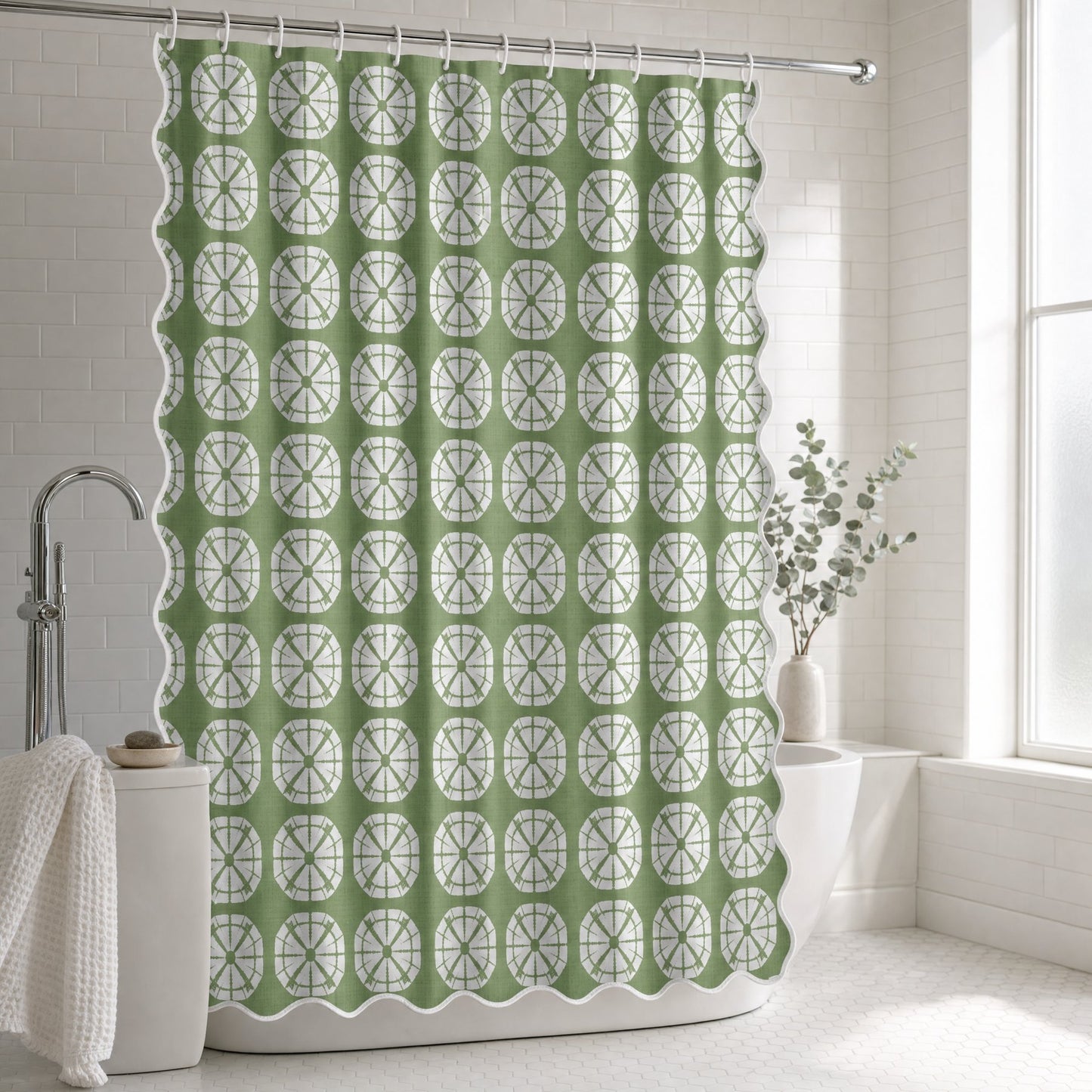 Japanese Shibori Sage Green Scalloped Shower Curtain - styled bathroom