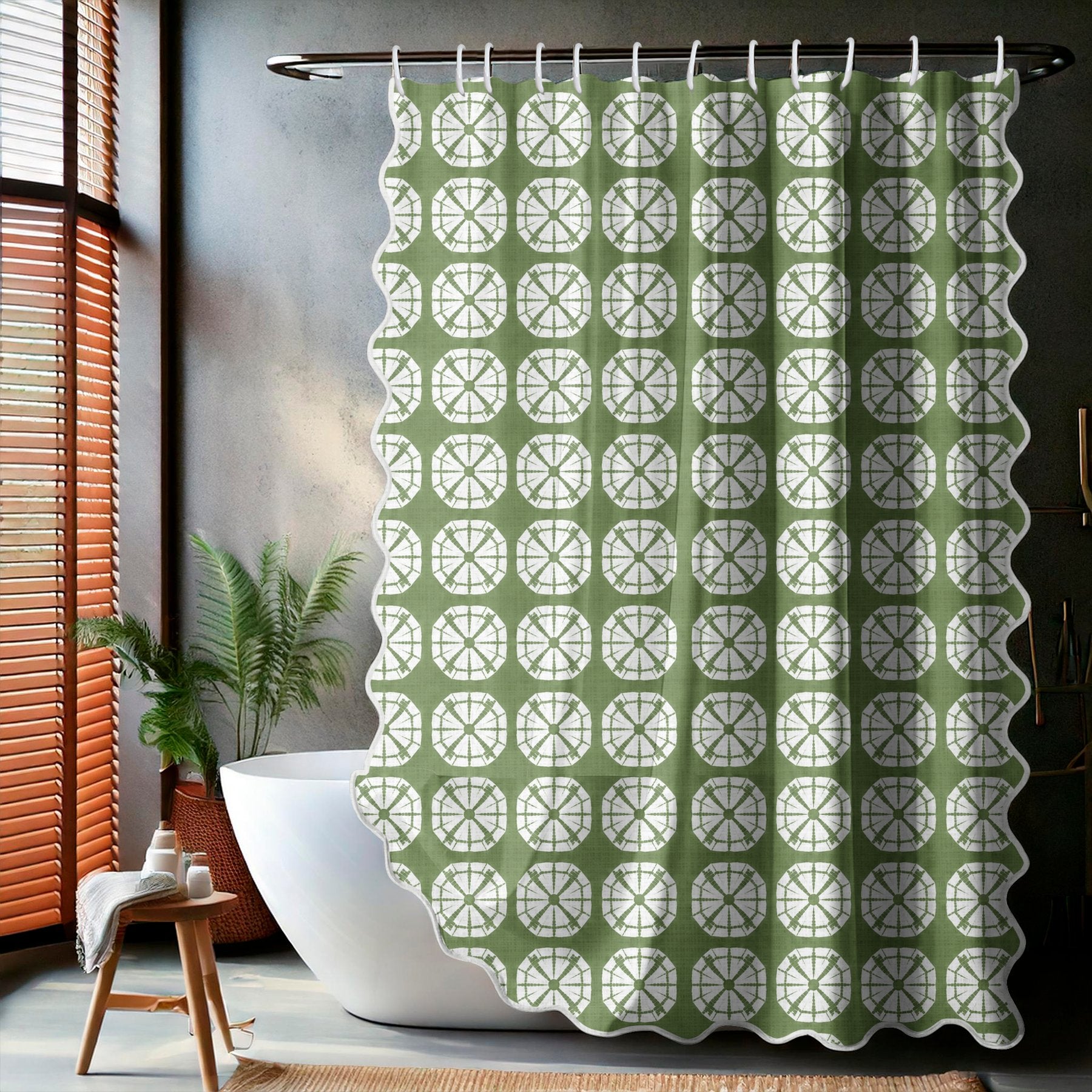 Japanese Shibori Sage Green Scalloped Shower Curtain - lifestyle