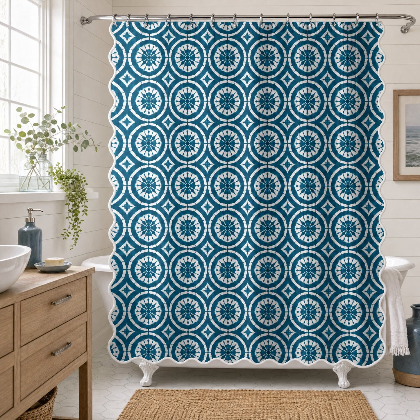 Japanese Shibori Teal Scalloped Shower Curtain - styled bathroom