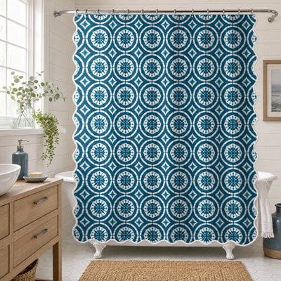 Japanese Shibori Teal Scalloped Shower Curtain