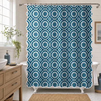 Japanese Shibori Teal Scalloped Shower Curtain - styled bathroom