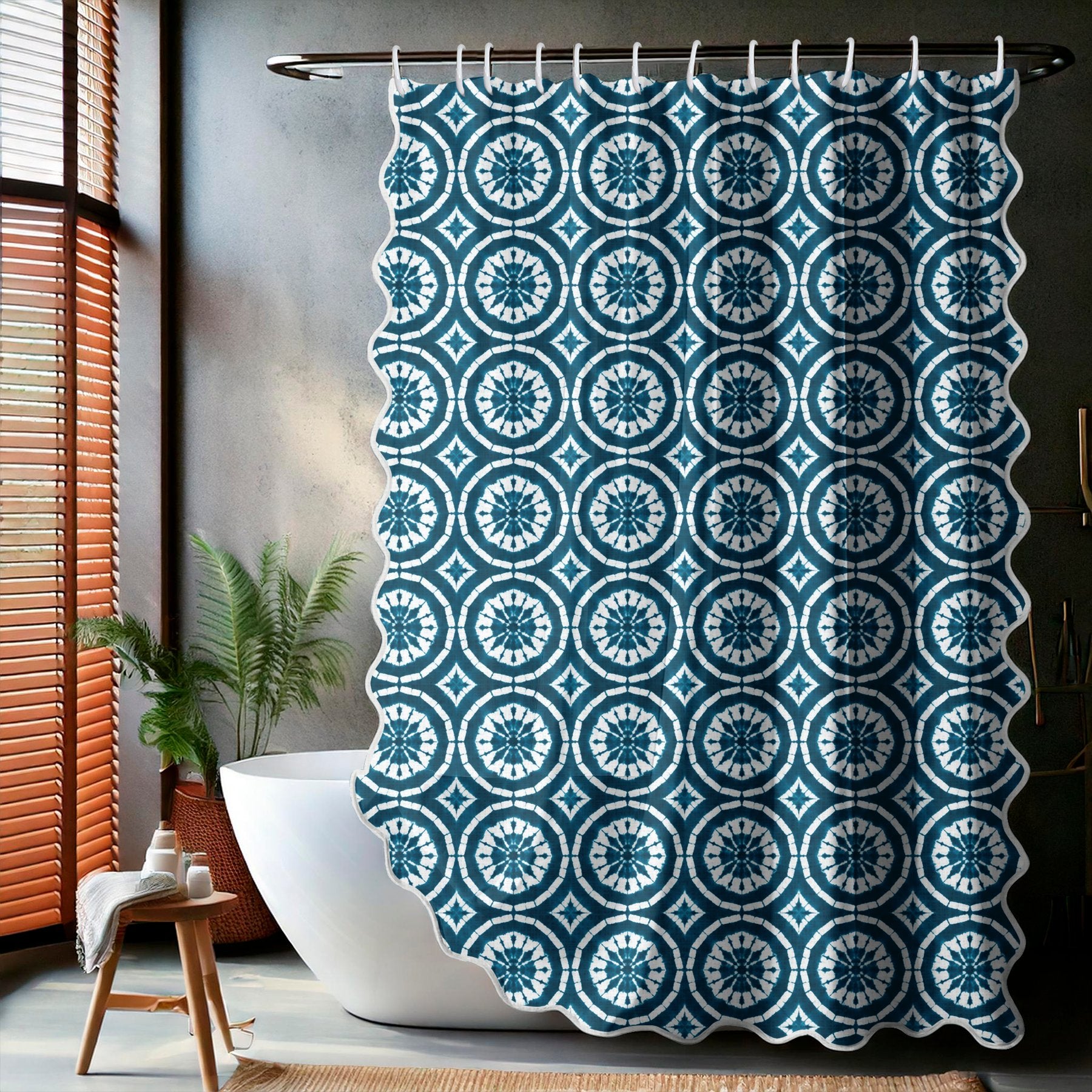 Japanese Shibori Teal Scalloped Shower Curtain - lifestyle