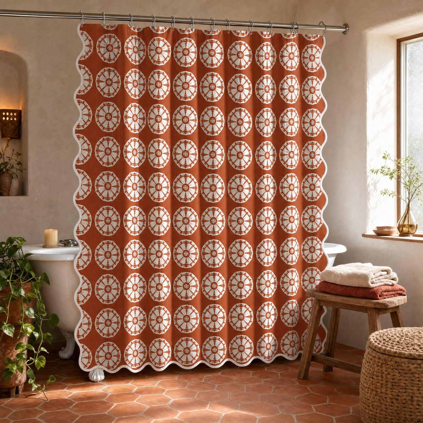 Japanese Shibori Terracotta Scalloped Shower Curtain - styled bathroom