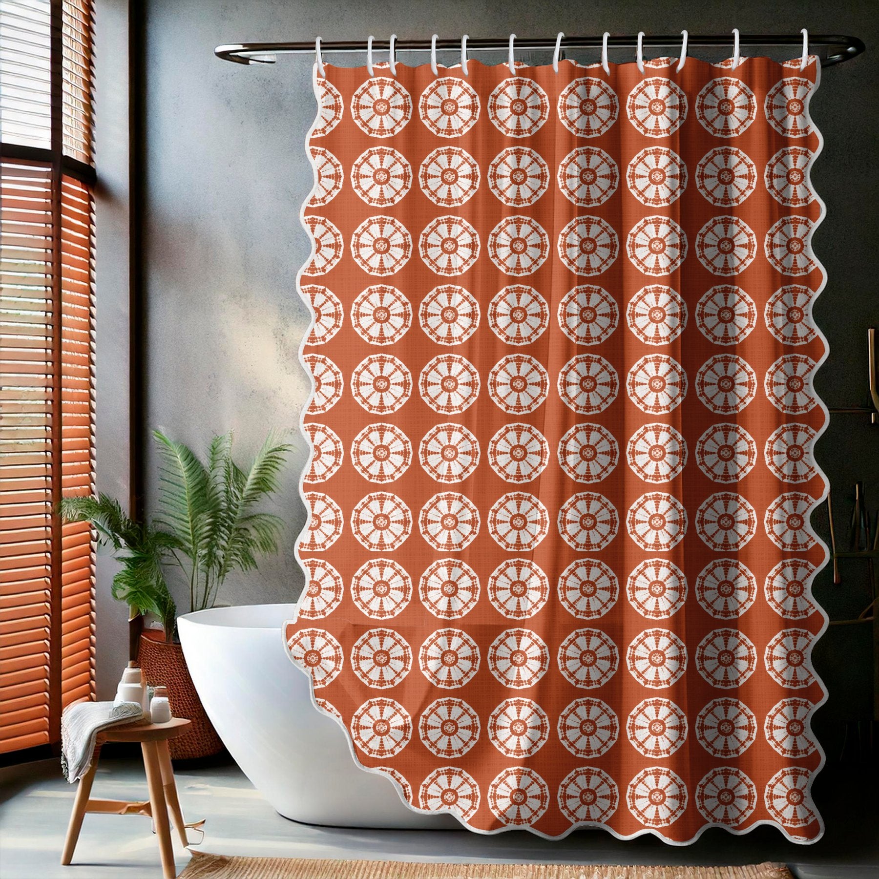 Japanese Shibori Terracotta Scalloped Shower Curtain - lifestyle